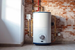 A white water heater against a brick wall in a Waldorf home.